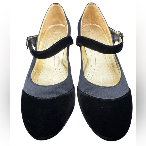 Vintage 90s CHANEL Black Velvet Mary Jane Flats with Ankle Strap Sz 36